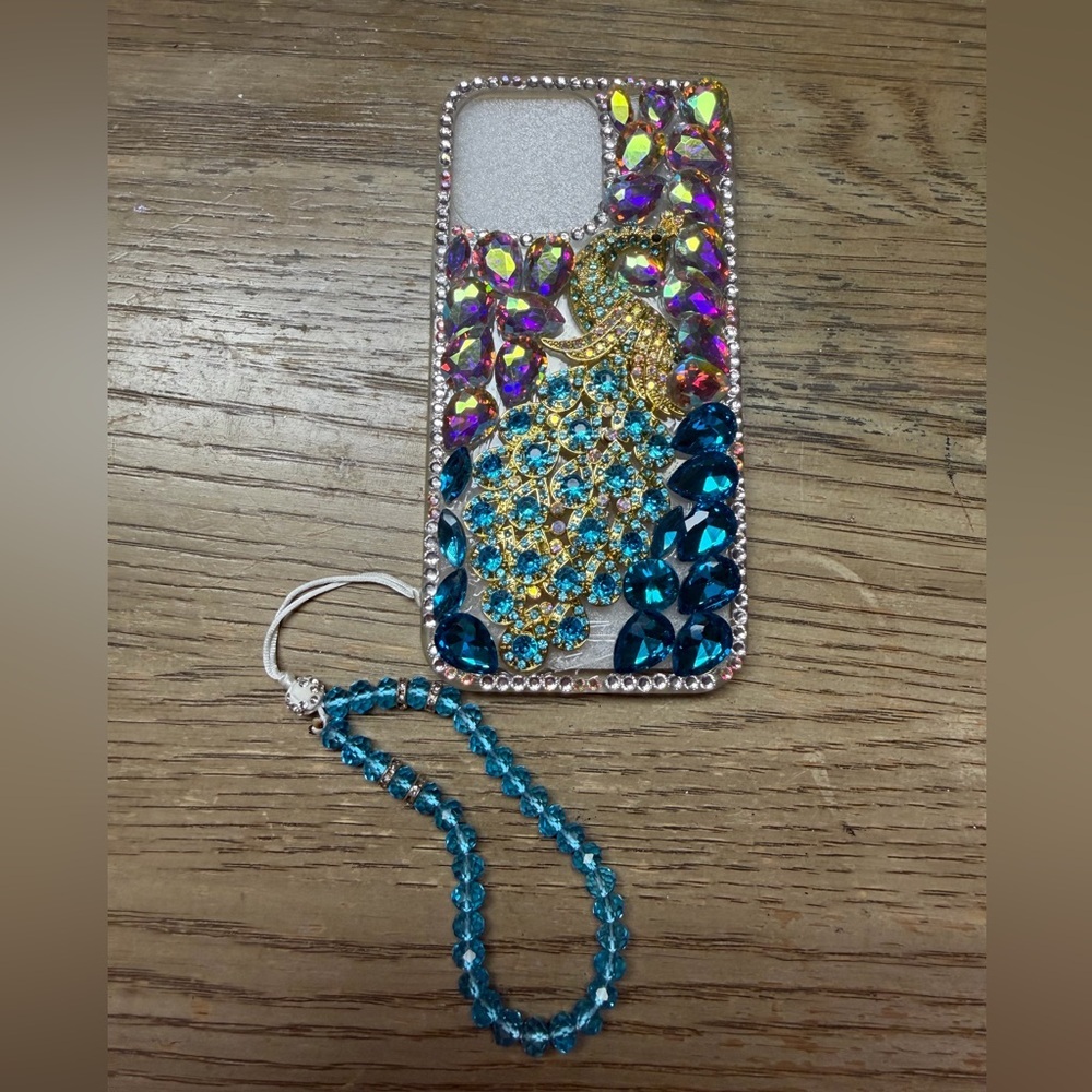 iPhone 14 Pro Max  Crystal Peacock Phone Case with Strap